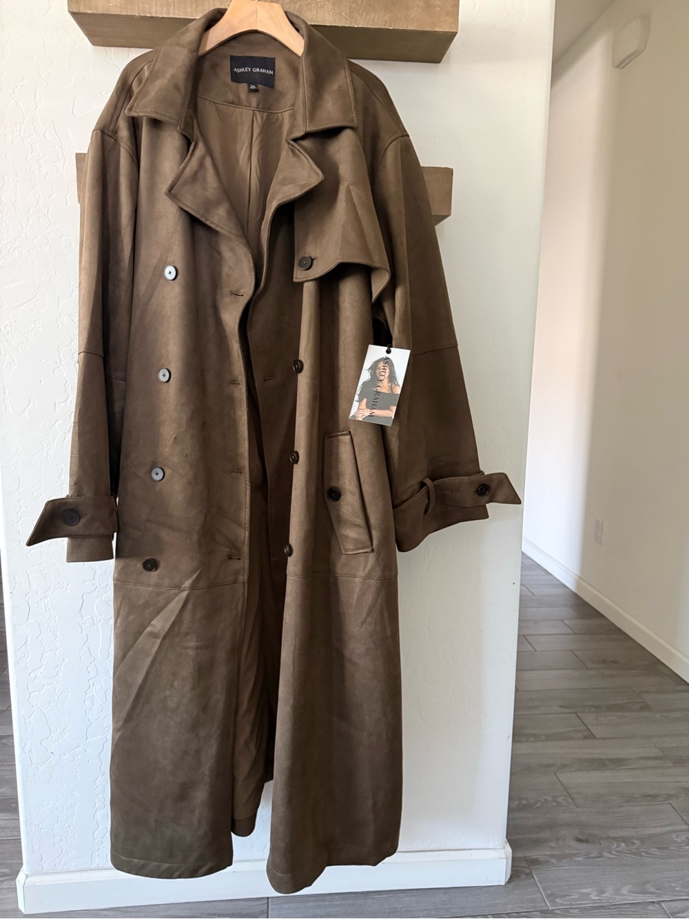 Ashley Graham|Brown Suede Double-Breasted full length Trench Coat,tie waist•NWT - Picture 12 of 17